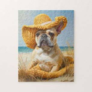 Frenchie In Summer Beach Hat Jigsaw Puzzle