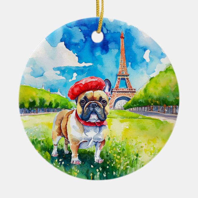 Frenchie Kisses Paris Eiffel Tower Watercolor Ceramic Ornament (Front)
