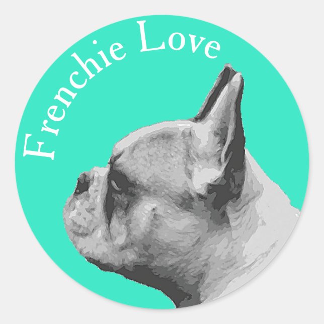 Frenchie Love / French Bulldog | Aqua Coloured Classic Round Sticker (Front)