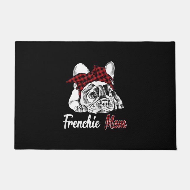 frenchie mum | french bulldog with red plaid doormat (Front)