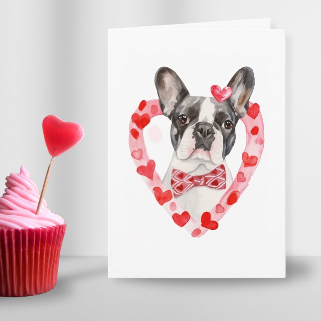 Frenchie Mum Valentines Day Dog Love Heart Pretty  Holiday Card (cute cheeky french bulldog wearing bowtie in pink red in heart frame for valentines day dog mom dad)