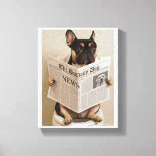 Frenchie on toilet, reading newspaper canvas print