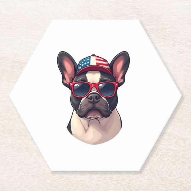 Frenchie Wearing USA Colours (3) Paper Coaster (Front)