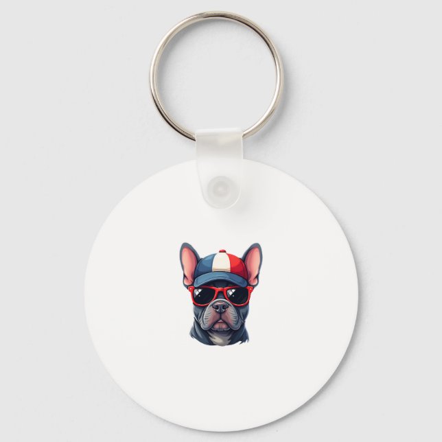 Frenchie Wearing USA Colours Key Ring (Front)