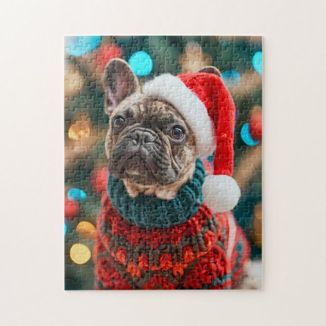 Frenchie With Santa Hat Christmas Tree Jigsaw Puzzle (Vertical)