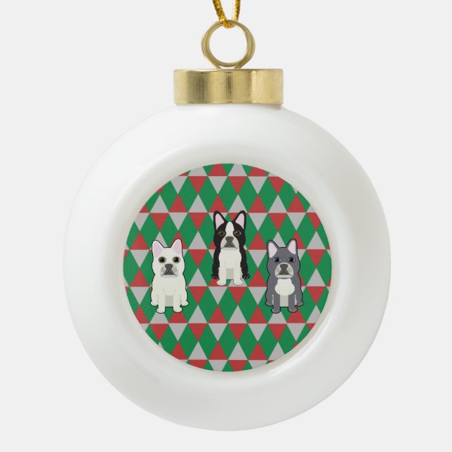 Frenchies Holiday Diamonds Ceramic Ball Christmas Ornament (Front)