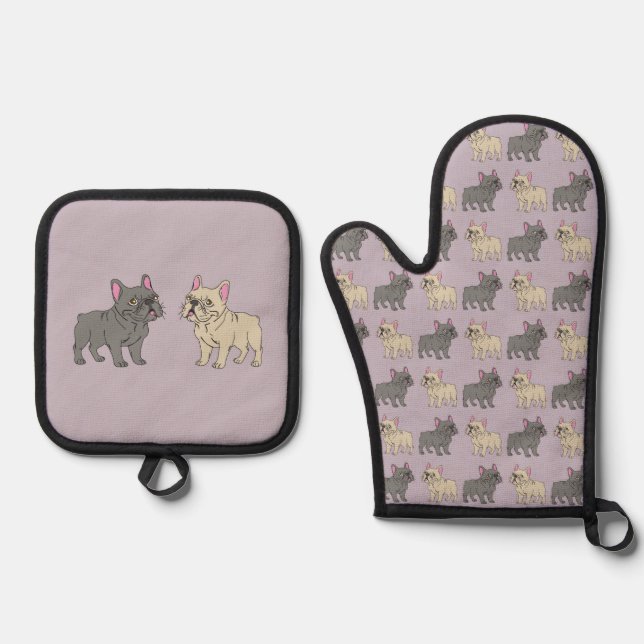 Frenchies, Purple Oven Mitt & Pot Holder Set (Front)