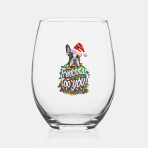 Frenchmas too you Bulldog Dog Tree Christmas Light Stemless Wine Glass