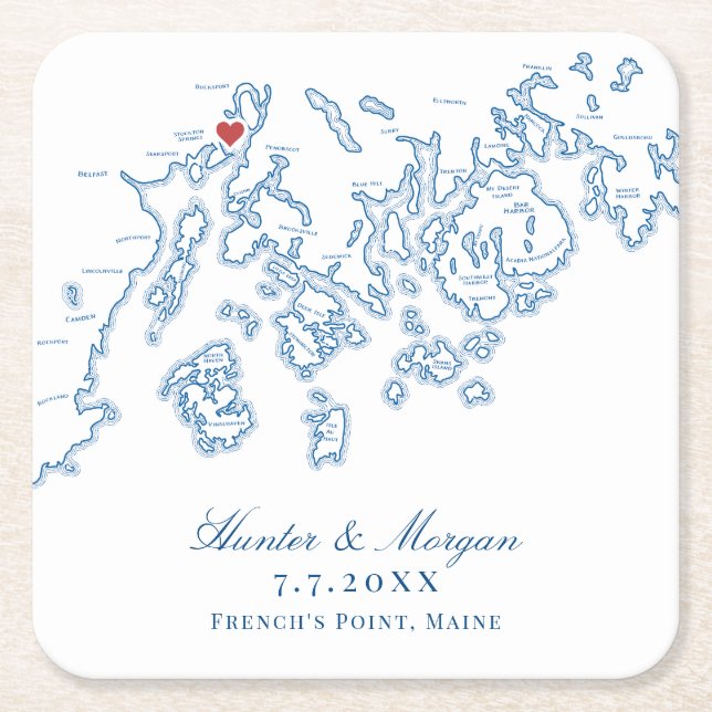 French's Point Stockton Springs Maine Map Wedding  Square Paper Coaster (Front)