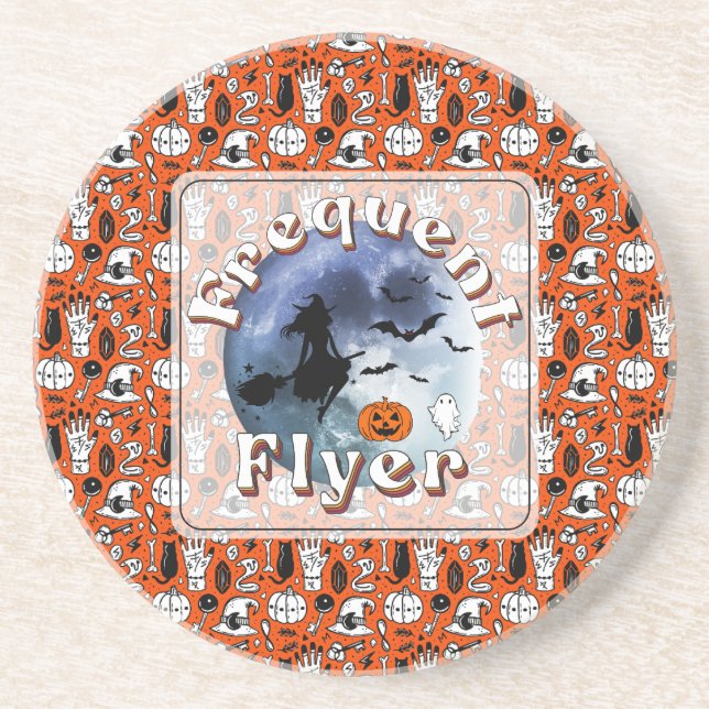Frequent Flyer Halloween Witch Riding Broomstick Coaster (Front)