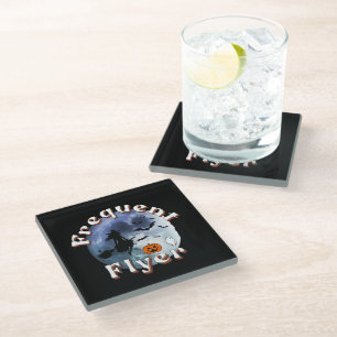 Frequent Flyer Halloween Witch Riding Broomstick Glass Coaster