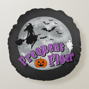 Frequent Flyer Halloween Witch Riding Broomstick  Round Cushion