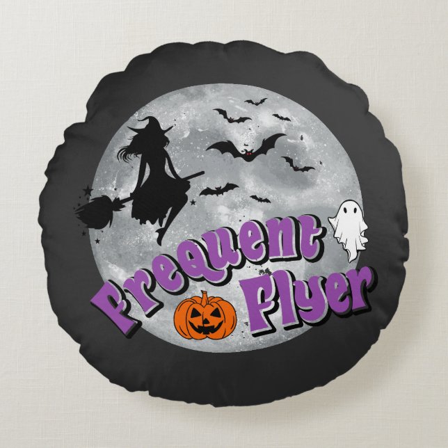 Frequent Flyer Halloween Witch Riding Broomstick  Round Cushion (Front)