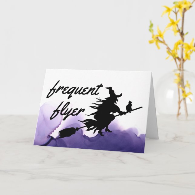 Frequent Flyer Witch Funny Halloween Greeting Card (Yellow Flower)