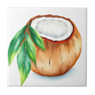 Fresh and Vibrant Watercolor Coconut on White  Ceramic Tile