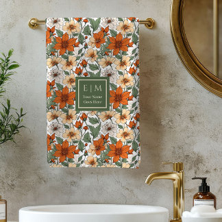 Fresh Autumn Floral Olive Rust Personalized Towel