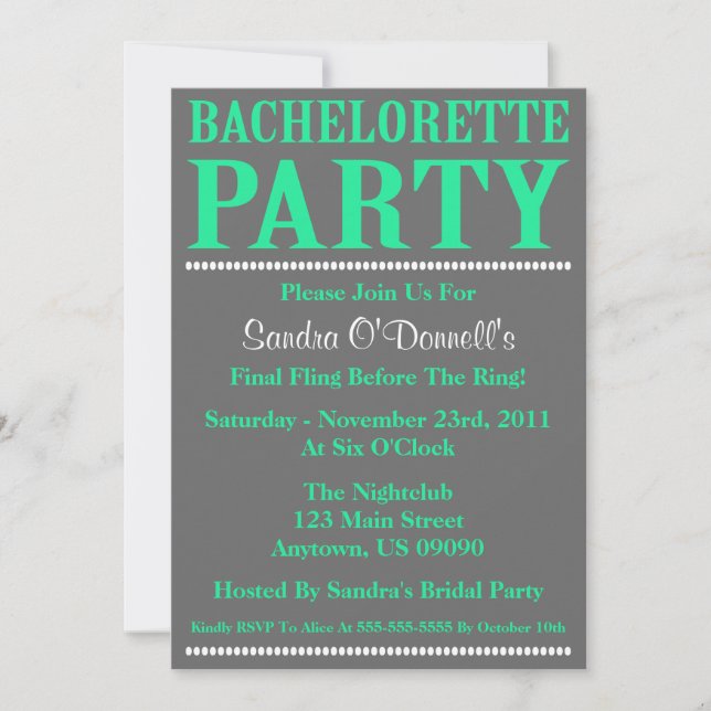 Fresh Bachelorette Party Invites (Sea Green/Grey) (Front)