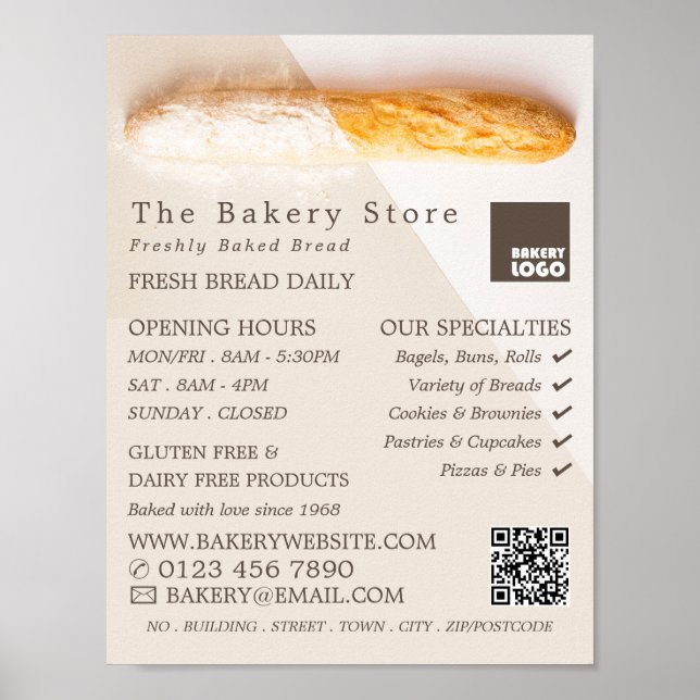 Fresh Baguette, Trendy Bakery Store Advertising Poster (Front)