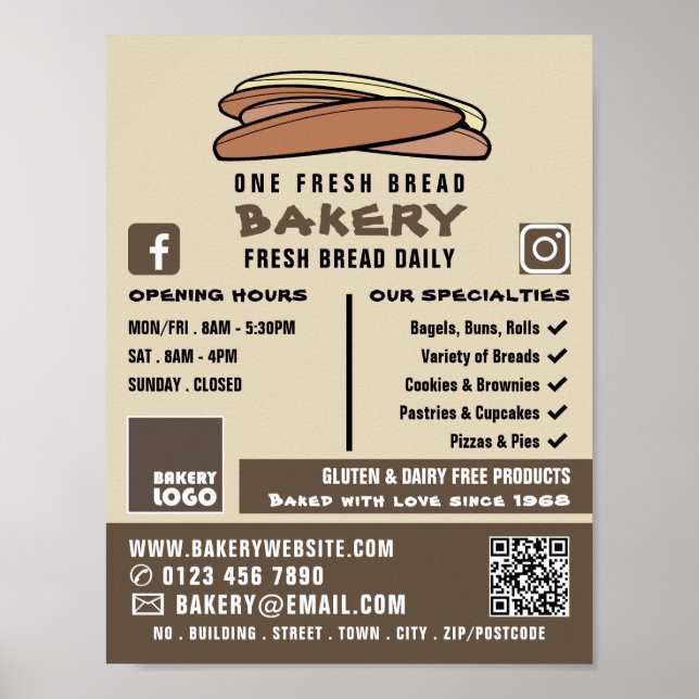 Fresh Baguettes, Bakers, Bakery Store Advert Poster (Front)