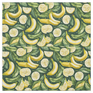 Fresh Bananas and Lemon Slices Watercolor Art  Fabric