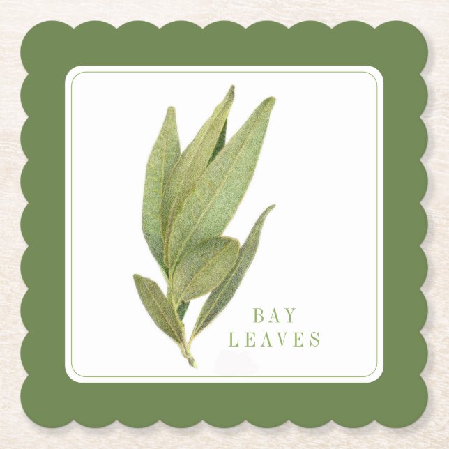 FRESH BAY LEAVES Fancy Square Coaster +text Green (Front)