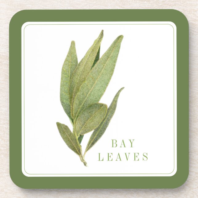 FRESH BAY LEAVES Hard Plastic Coasters +text Green (Front)