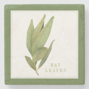 FRESH BAY LEAVES Marble Stone Coaster +text Green