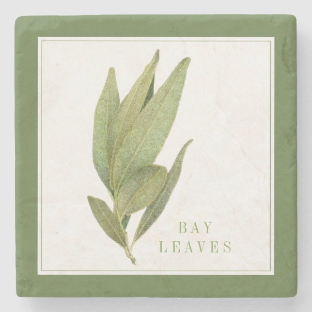 FRESH BAY LEAVES Marble Stone Coaster +text Green (Front)