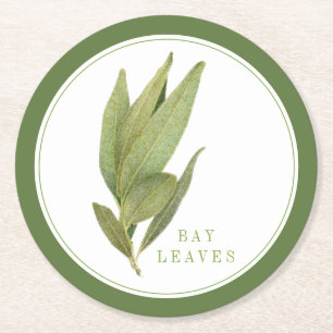 FRESH BAY LEAVES Round Paper Coasters +text Green