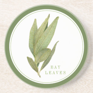 FRESH BAY LEAVES Sandstone Coaster (+text) Green