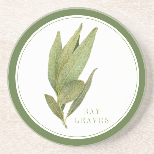 FRESH BAY LEAVES Sandstone Coaster (+text) Green (Front)