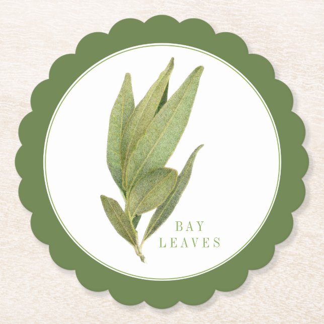 FRESH BAY LEAVES Scallop Round Coaster +text Green (Front)