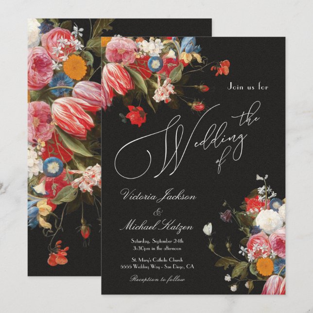 Fresh Blooms Floral Dark & Moody Wedding Invitatio Invitation (Front/Back)