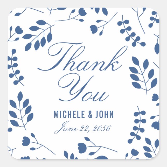 Fresh Blue White Botanical Thank You Favour Sticke Square Sticker (Front)