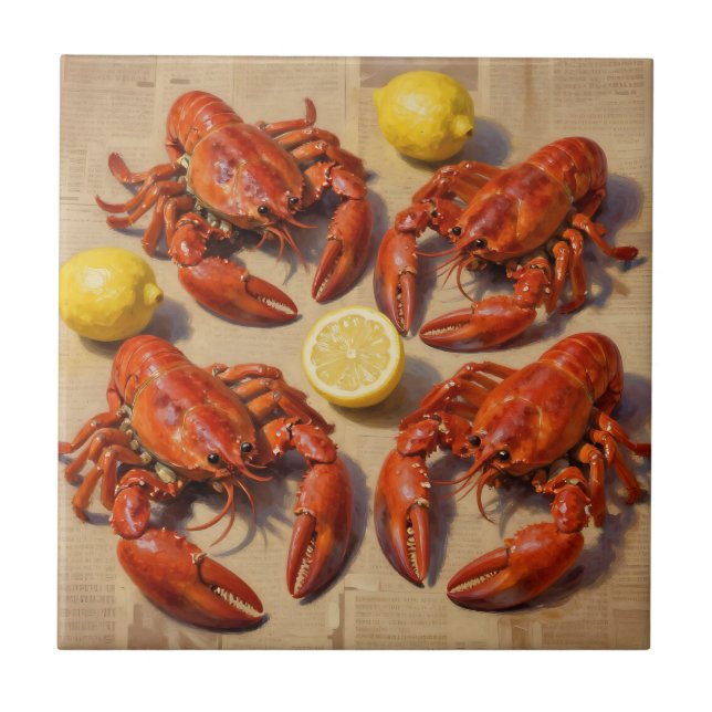 Fresh Boiled Lobster Lemon Newspaper Feast Ceramic Tile (Front)
