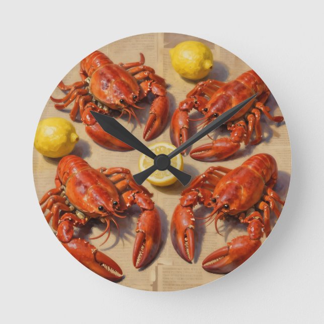 Fresh Boiled Lobster Lemon Newspaper Feast Round Clock (Front)