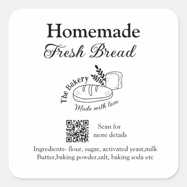 Fresh bread bakery add name ingredients Q r code h Square Sticker (Front)