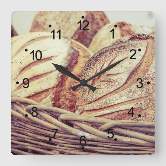 Fresh Bread Basket Kitchen Square Wall Clock (Front)