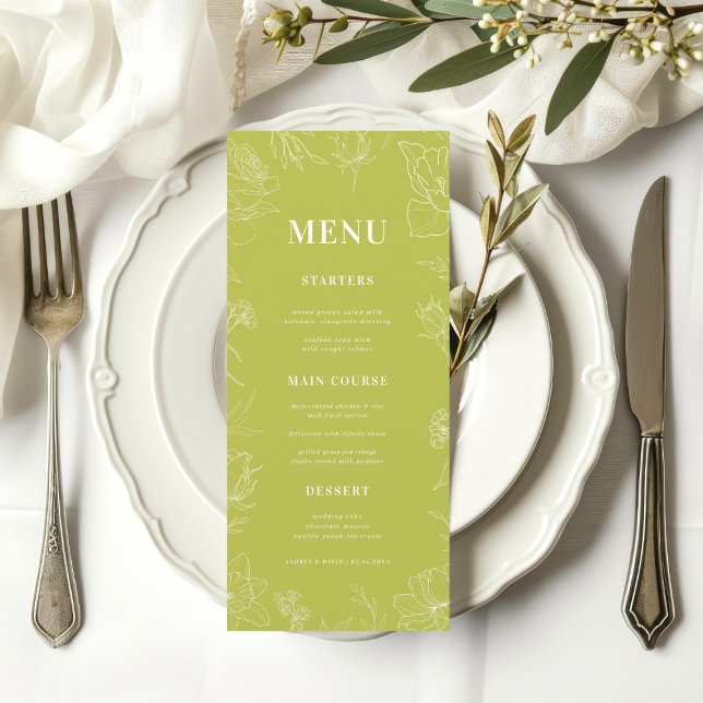 Fresh Bright Lime Green Drawn Floral Bloom Wedding Menu (Creator Uploaded)