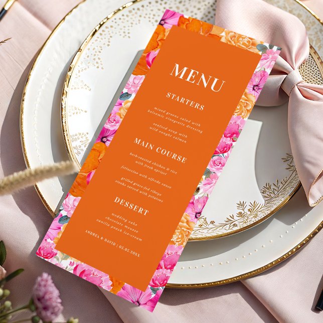 Fresh Bright Pink and Orange Floral Bloom Wedding Menu (Creator Uploaded)