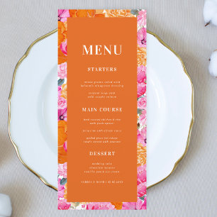 Fresh Bright Pink and Orange Floral Bloom Wedding Menu