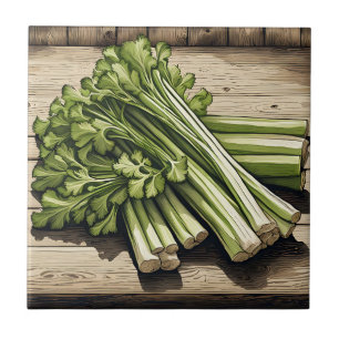 Fresh Celery Bunch on Wood Ceramic Tile