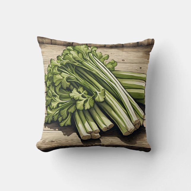 Fresh Celery Bunch on Wood Cushion (Front)