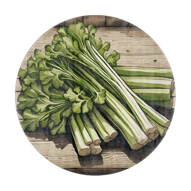 Fresh Celery Bunch on Wood Cutting Board (Front)