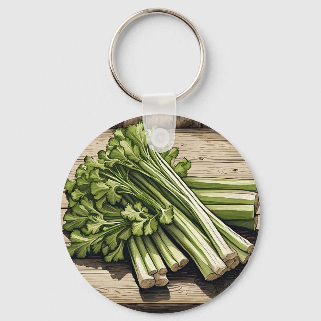 Fresh Celery Bunch on Wood Key Ring (Front)