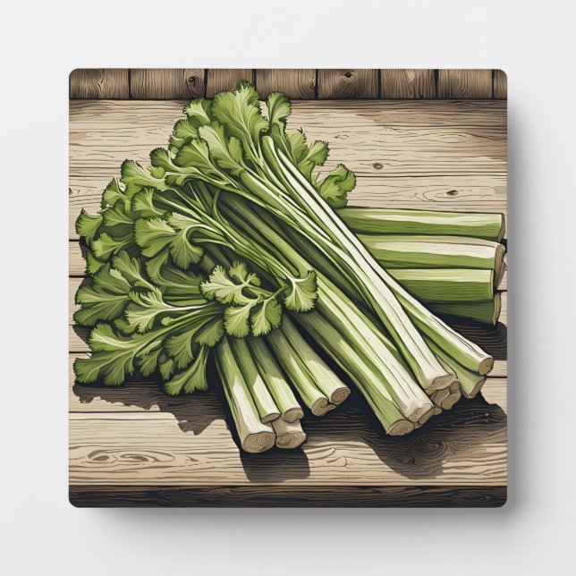 Fresh Celery Bunch on Wood Plaque (Front)