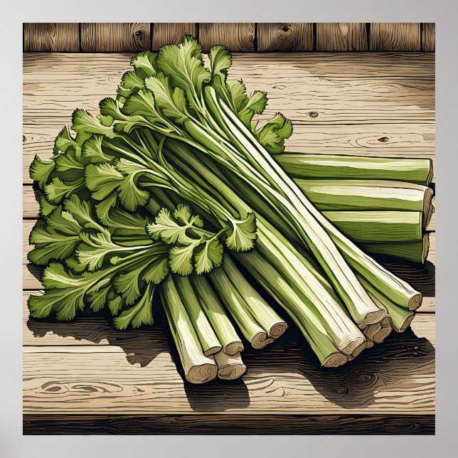 Fresh Celery Bunch on Wood Poster (Front)