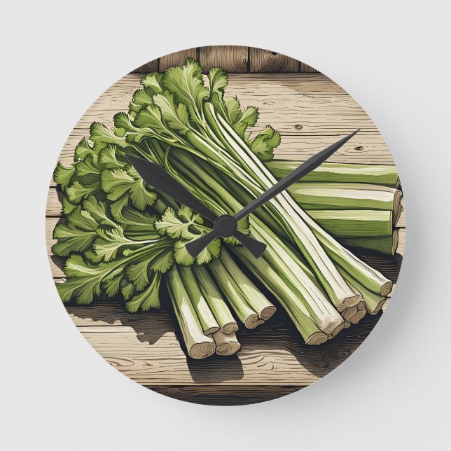 Fresh Celery Bunch on Wood Round Clock (Front)