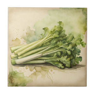 Fresh Celery Bunch Watercolor Ceramic Tile