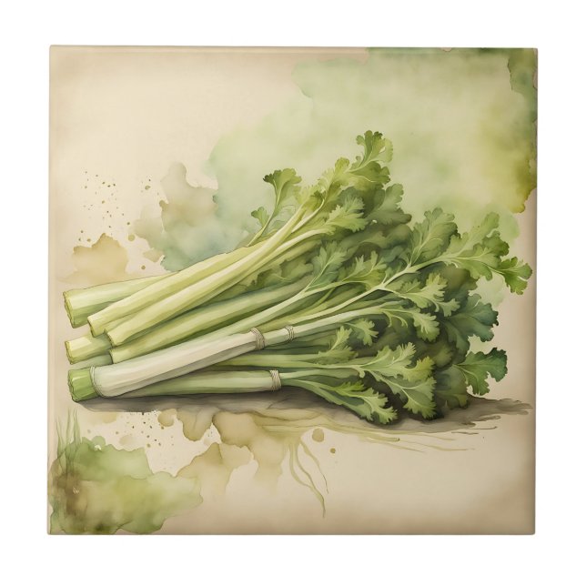 Fresh Celery Bunch Watercolor Ceramic Tile (Front)